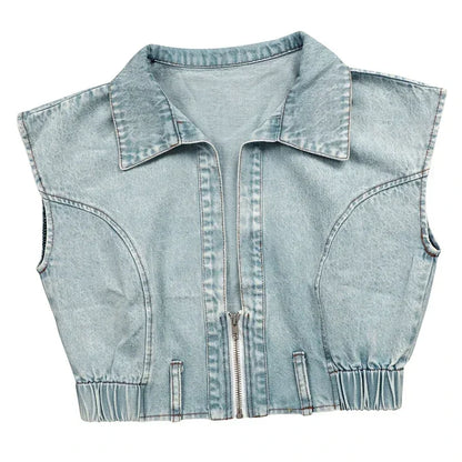Denim Sets Women 2 Piece Outfit 2025 Jeans Zipper Turn-down Collar Cropped Top and Loose Wide Leg Pants