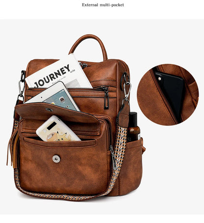 Backpack for Women Large Womens Backpack Leather Purse Designer Ladies Shoulder Bags with Tassel Two-toned Brown