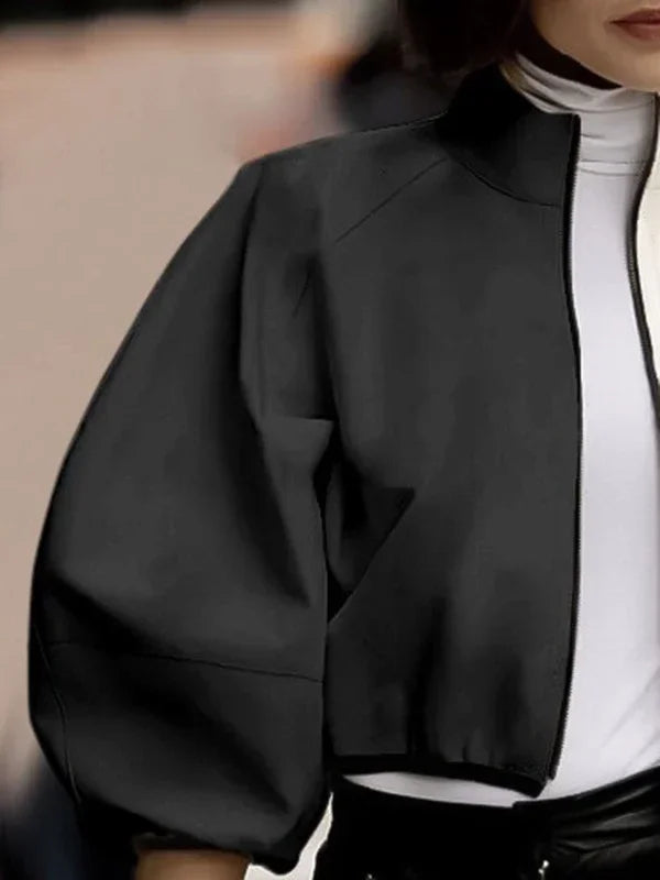 Female Stylish Stand Collar Zipper Jackets Loose Puff Sleeves Contrast Color Casual Fashion Outerwears 2025 New