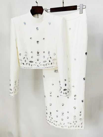 Long Sleeve Short Top and Mini Skirt Suit Outfit, Diamond Beaded Design,High Quality, 2 Pcs Set