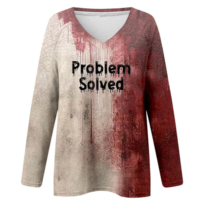 Blood Letter Print Long Sleeve T-Shirt Scary Bloody Stain Patchwork Loose