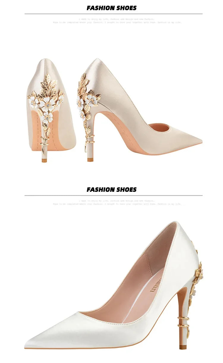 Women's Metal Flowers Stiletto High-heel Shoes Female  Light Luxury Wedding Shoes Pointed Toe