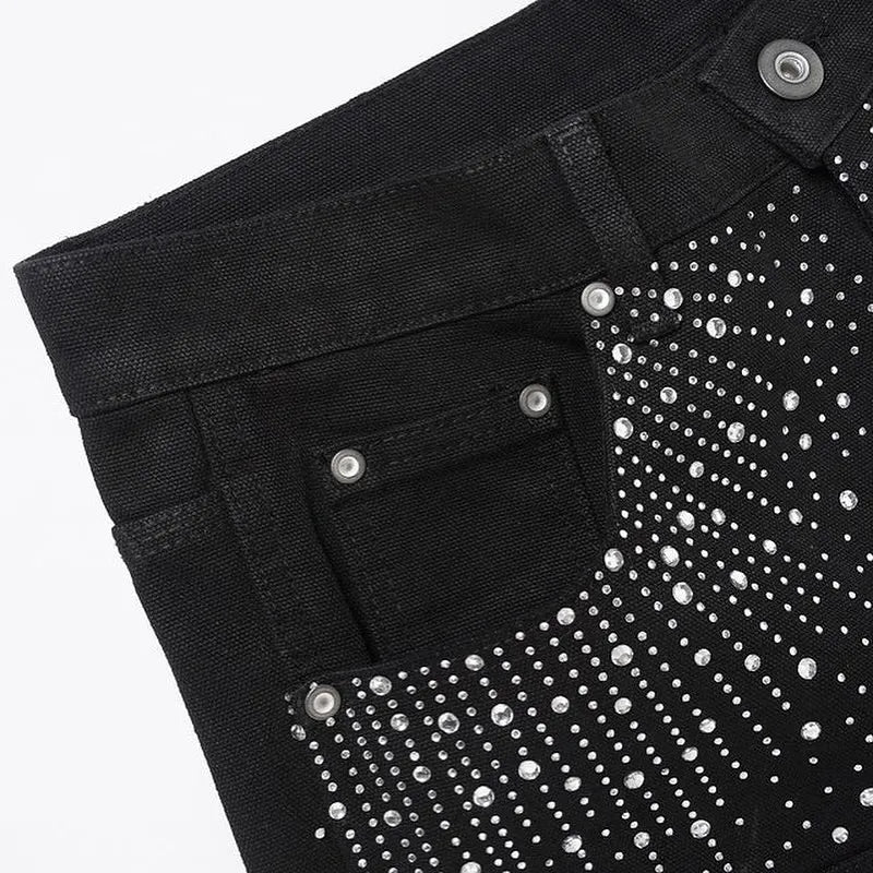 Streetwear Sequin Denim Shorts Y2K Raw Hip Hop Retro Baggy Shorts Low Rise Over The Knee Pants Casual Shorts