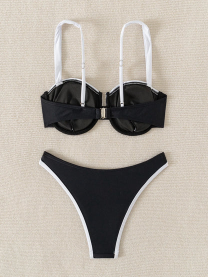 2-piece Swimsuit Underwire Push Up Bikini Set Suspender Backless Bathing Suit