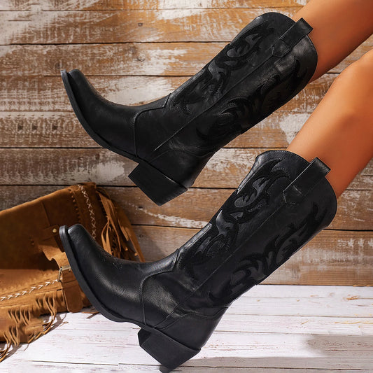 Women's Boots with Leather Embroidered Thick Heel Square Toe Western Cowboy Boots