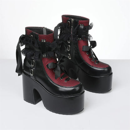 Y2k Gothic Short Boots Women Platform Chunky High Heels Bow Lace Decor Punk Fashion Women'S Ankle Boots Halloween Shoes Autumn W