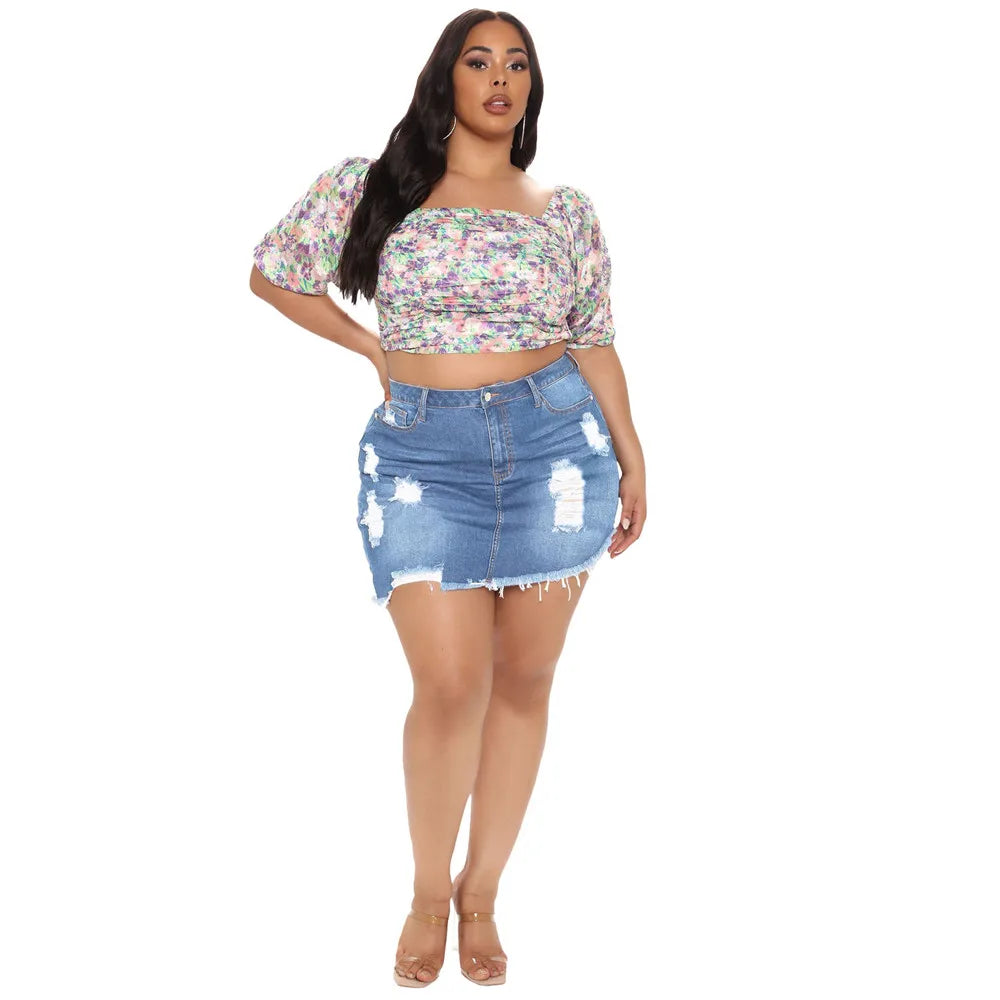 Plus Size Skirts Jeans Women Medium Stretch Above Knee Denim Mini Wrap Skirt