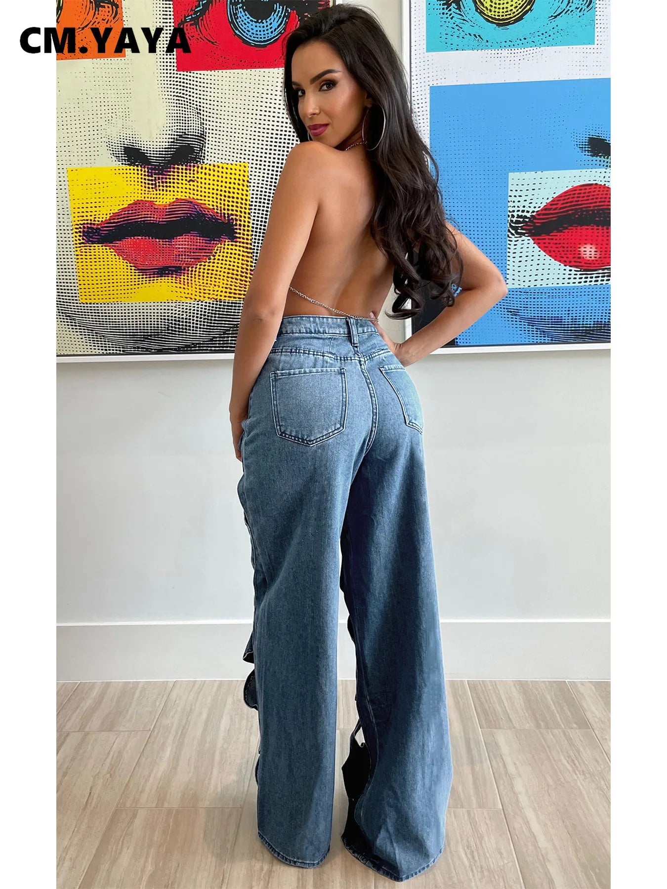 Vintage Cutout Hollow Out Criss Cross Straight Denim Pants High Waist Wide Leg Jeans Trousers
