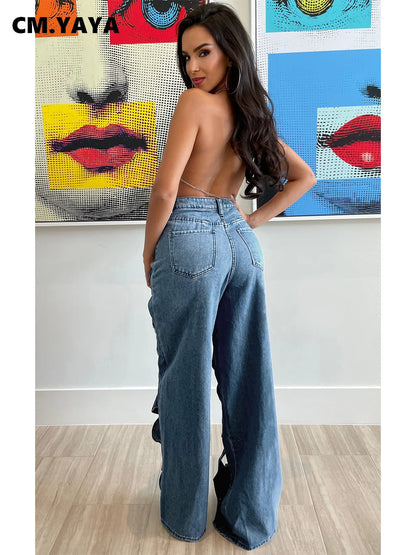 Vintage Cutout Hollow Out Criss Cross Straight Denim Pants High Waist Wide Leg Jeans Trousers