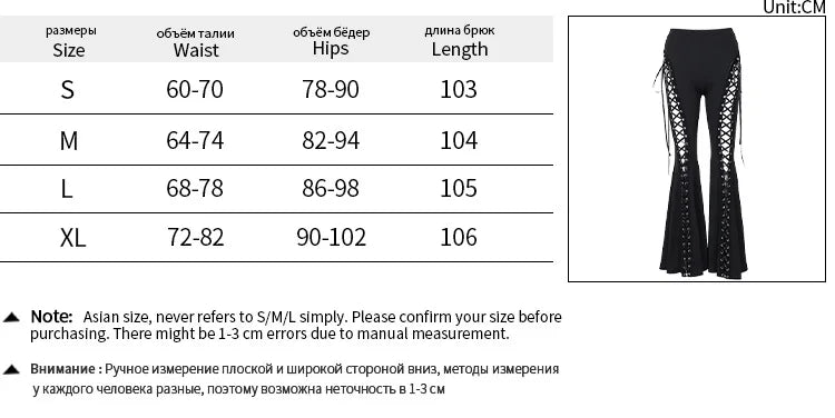 Dark Black Punk Flared Pants Long Trouser Women Lace Up Front Hollow Cut Out Bell Bottom Tied Up High Waist