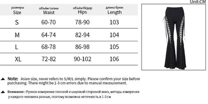 Dark Black Punk Flared Pants Long Trouser Women Lace Up Front Hollow Cut Out Bell Bottom Tied Up High Waist