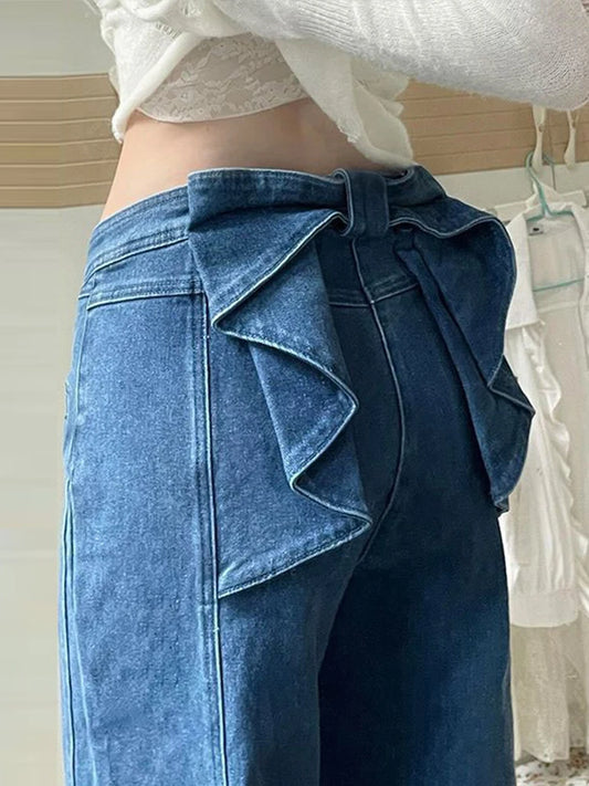 Y2K High Waist Flare Denim Jeans With Big Bow Ruffles Sweetheart Stylish Female Slim Fit Casual Trousers