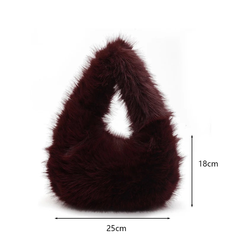 Soft Plush Half Moon Bags for Women Designer Fluffy Faux Fur Lady Handbags Luxury Small Tote