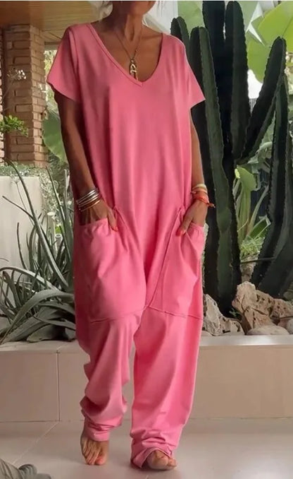Loose Solid Color Jumpsuit Fashion Casual V-neck Short Sleeved Large Pocket Jumpsuits