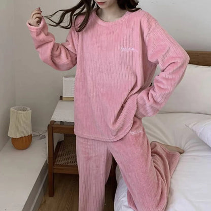 Thick Plush Fleece Fuzzy Pajama Sets Cozy Oversized Pullover Pants Sets Solid