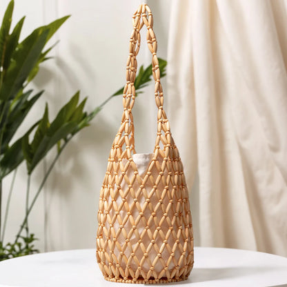 Women Hollow-out Bucket Bags Woven Hand Bag Wooden Bead Shoulder Bags Beach Top-Handle Bags Summer Netted Canvas Tote Handbag