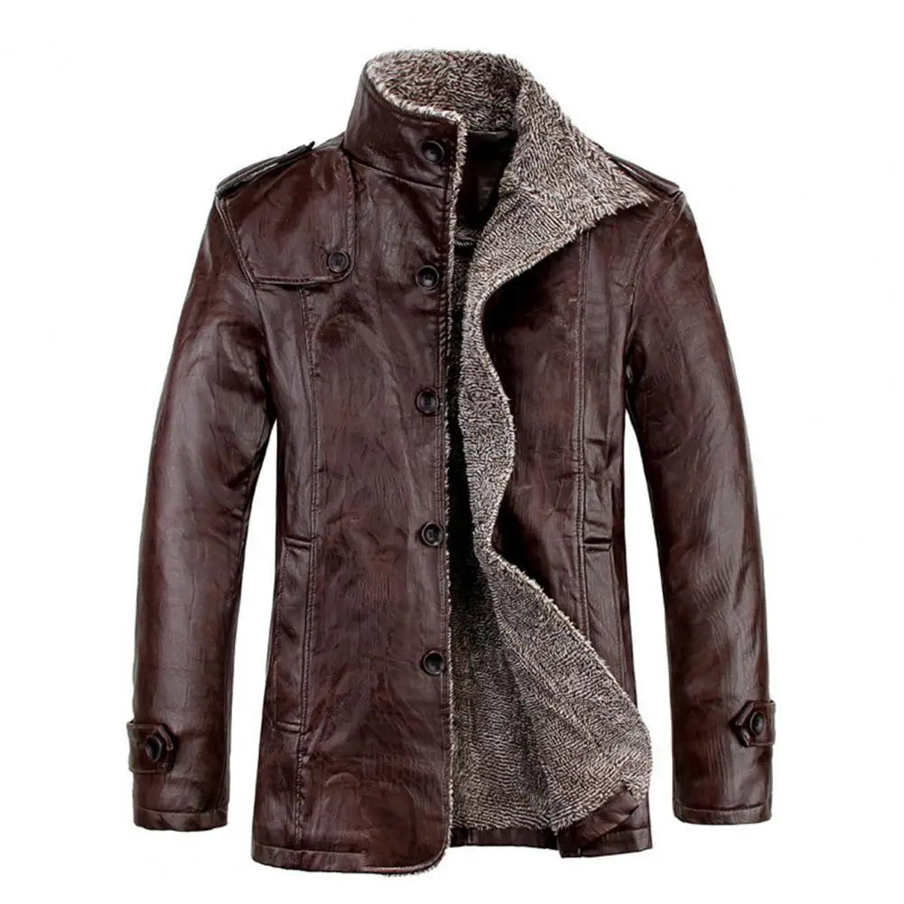 Winter Men's Leather Jacket Thicken Fleece Motorcycle Coat Casual