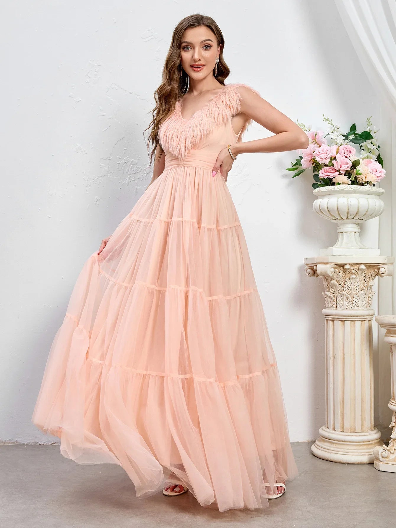 Elegant Wedding Dress Puffy Feather Sleeve Prom Dress Dusty Pink Ruched Backless Long Bridesmaids Gowns