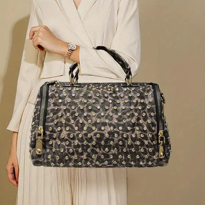 Ladies' diamond studded nylon tote bag with leopard pattern