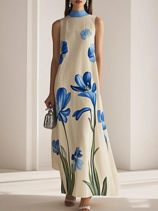Blue Floral Printed Evening Maxi Dress Sleeveless Stand Collar Elegant Party A-line Long Dress