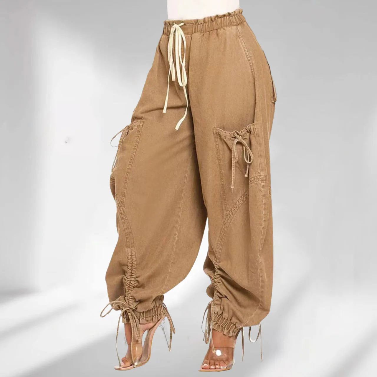 Lace Up Wide Leg Jeans Cargo Pants Women High Waist Elegant Streetwear Denim Loose Trousers