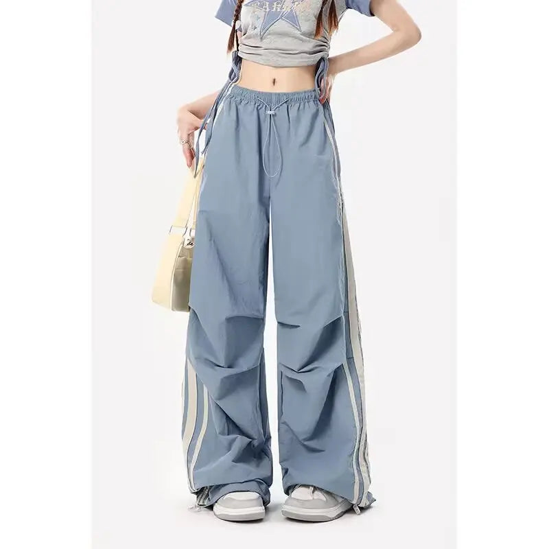 Women Blue Striped Pants Baggy Harajuku Sweatpants Aesthetic Oversize Parachute Pants Y2k 2000s Vintage Fashion Trousers Clothes