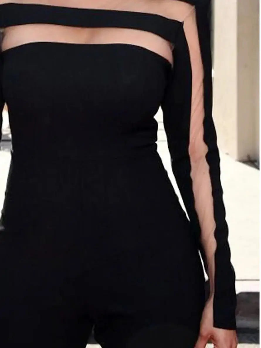 Mesh Split-Joint High Neck T-Shirt Long Sleeves Solid Color Skinny Tops For Women