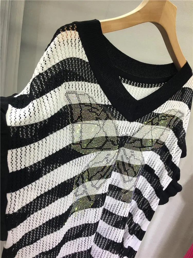 Diamond Oversized Tshirts for Women Knitted Thin Tees Hollow Out V-neck Butterfly Casual Y2k Tops Fashion Ruffles Korean T Shirt