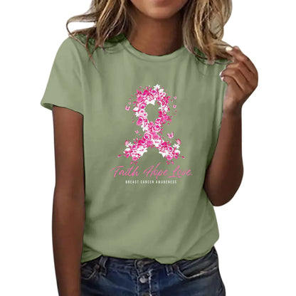 Ribbon Petal Print Pink October T-shirt Breast Cancer Awareness Graphic Short Sleeve