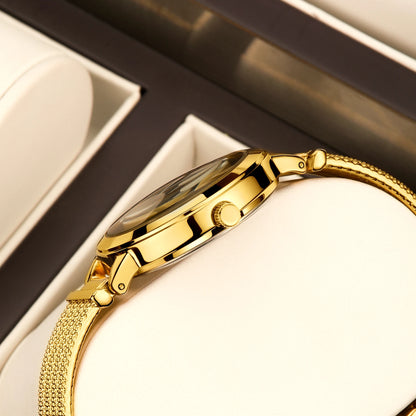 Ladies Quartz Watch Rhinestone Analog Scale Luxury Gold Watch Skeleton Wristband Gift Boxed