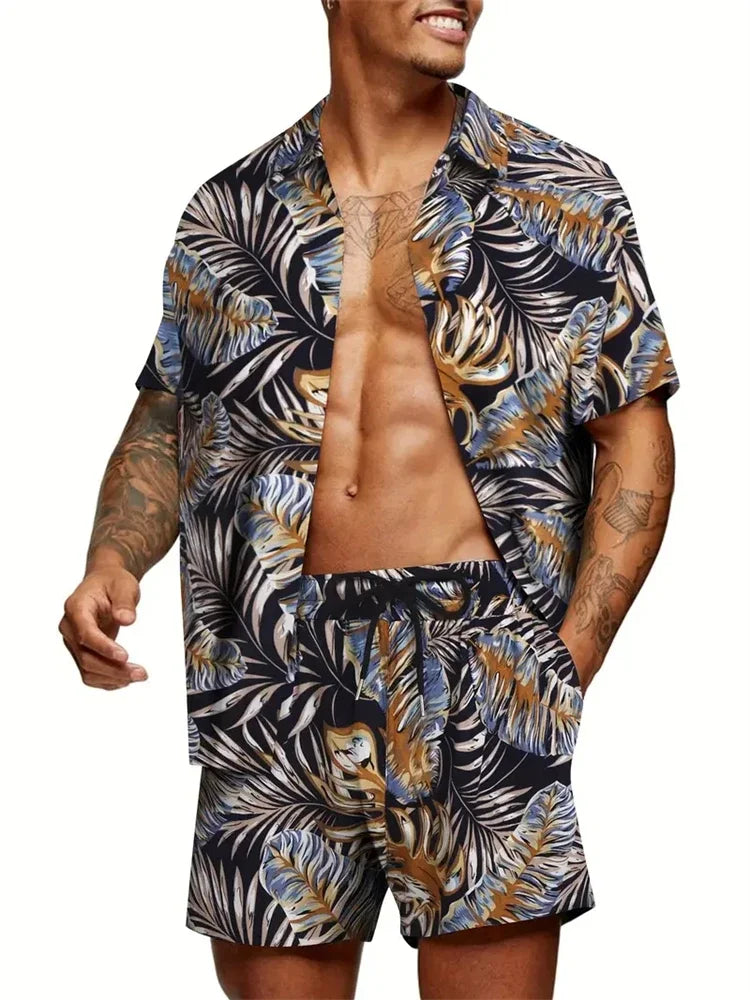 Men's Hawaiian Short-Sleeved Shirt Shorts Set Drawstring Shorts Jungle Print