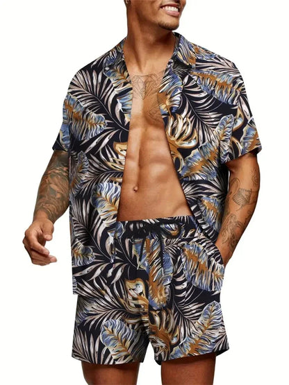 Men's Hawaiian Short-Sleeved Shirt Shorts Set Drawstring Shorts Jungle Print