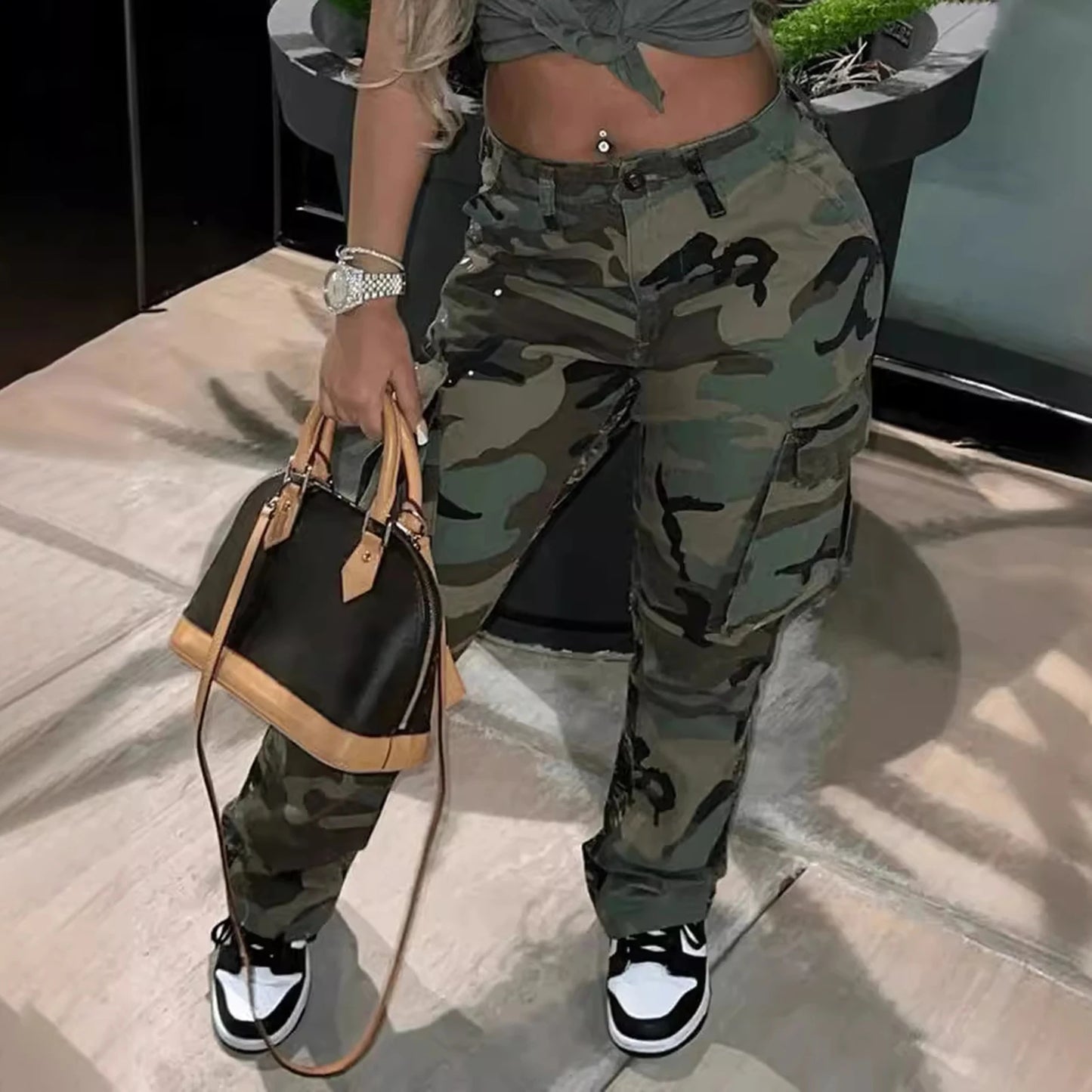 Cargo Pants Fashion Women Camo Print Oversized Pocket High Waist Baggy Pant Casual Hip Hop Straight Trouser