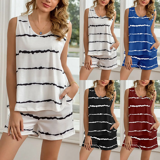 Pajamas Sets Sleeveless Stripe Printing Shirt And Shorts Sleepwear Two Piece Set