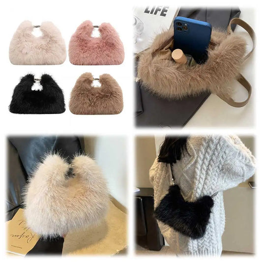 Women Faux Fur Shoulder Bag Adjustable Strap Fluffy Crossbody Bag Solid Color Clutch Purse Hobo Bag for Travel Party