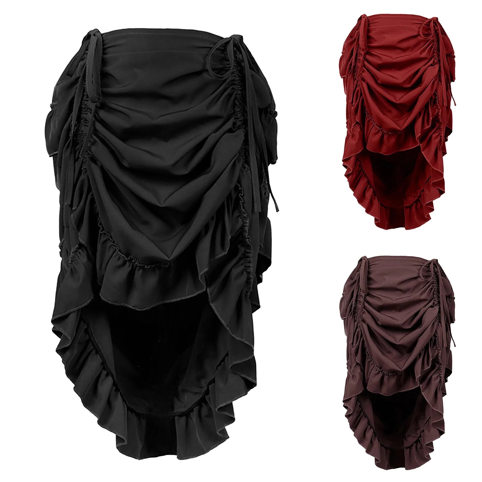 Punk Vintage Skirt For Women Gothic Steampunk Midi Ruffle Hem High Waist Pleated