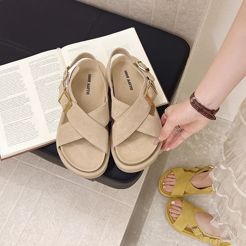 Genuine Leather Cross Strap Roman Sandals Casual Comfortable Women's Platform
