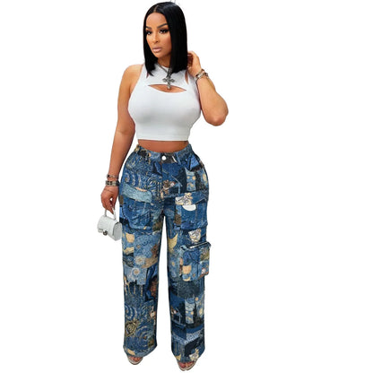 3D Print Wide Leg Cargo Active Hip Hop Straight Sweatpants Trousers