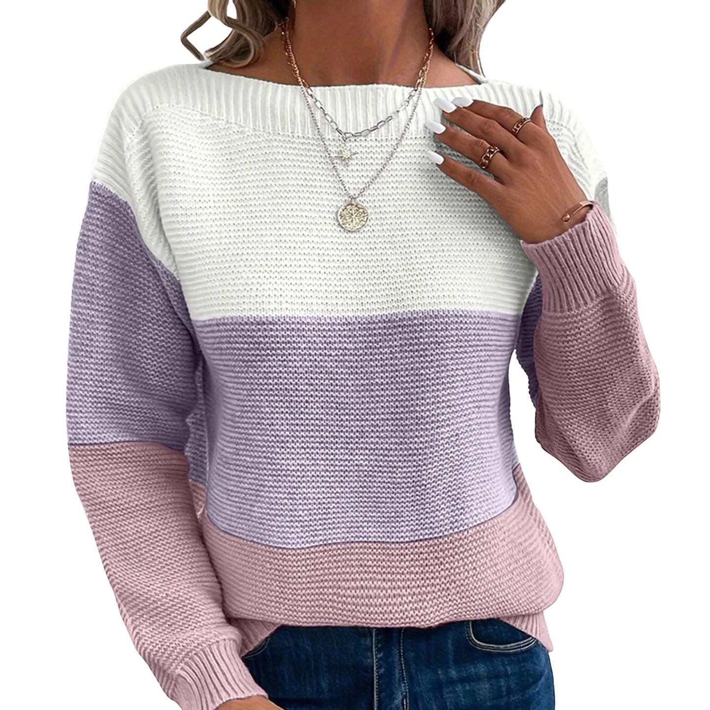 Dressy Sweater For Women Patchwork Color Block Long Sleeve Bateau Neck Elegant Pullover