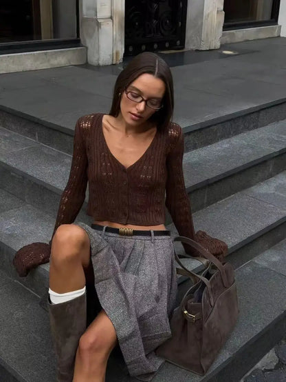 Hollow Knitted Cardigan Women's Solid Long Sleeve V Neck Short Sweater Top Female Crochet Yellow / S White / L White / M Yellow / S-White / L-White / M-White / S-Brown / L-Brown / M-Brown / S-Pink / L-Pink / M-Pink / S-Yellow / L-Yellow / M-Wine Red / L-Wine Red / M-Wine Red / S-Blue / L-Blue / M-Blue / S-