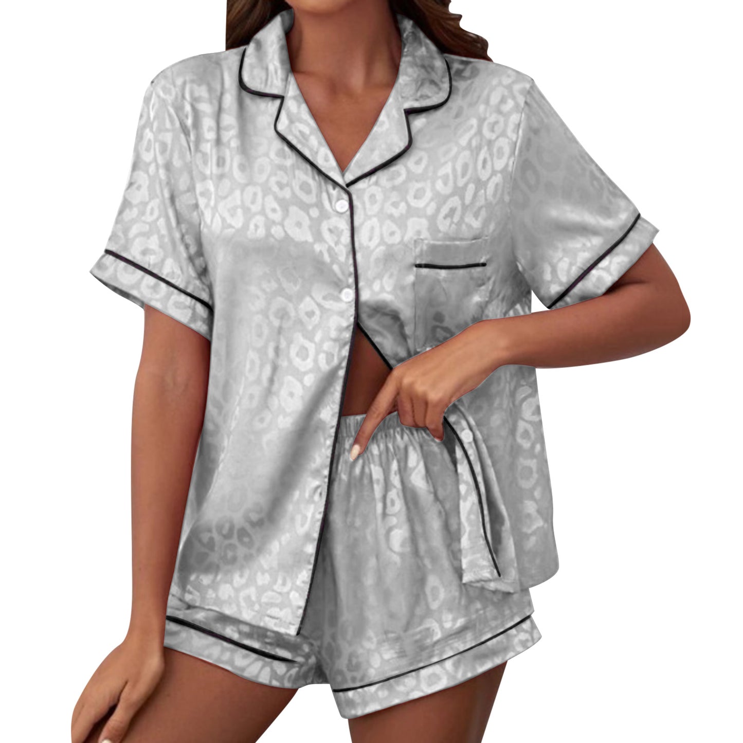 Womens Satin Printed Pajamas Sets Short Sleeved Lapel Silk