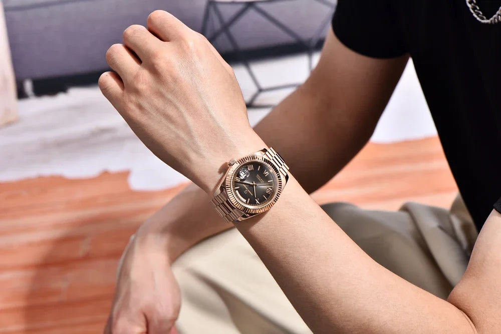 Rose Gold Luxury Automatic Watch For Men Mechanical Wristwatches Sapphire Mirror Clock Gift Man