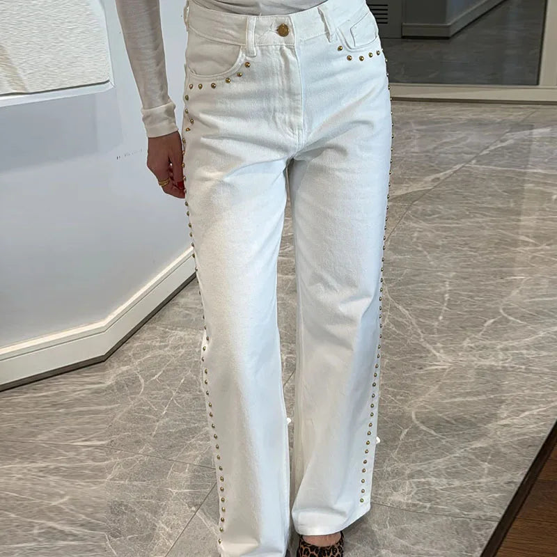 Metal Rivet Wide Leg Jeans Trousers Baggy Low Rise Pockets Denim