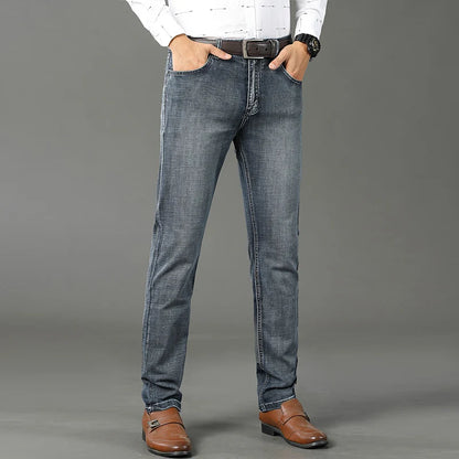 Men Classic Jeans Straight Regular Blue Stretch Denim Trousers Men's