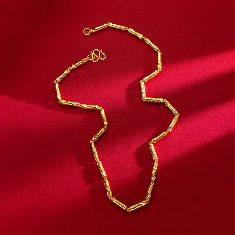 24K gold cylindrical double bamboo necklace 9999 real gold men's and women's solid color bamboo knot gold jewelry necklace gift