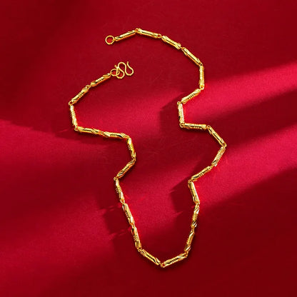 24K gold cylindrical double bamboo necklace 9999 real gold men's and women's solid color bamboo knot gold jewelry necklace gift