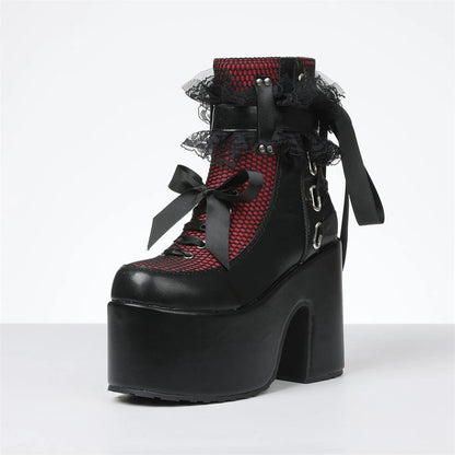 Y2k Gothic Short Boots Women Platform Chunky High Heels Bow Lace Decor Punk Fashion Women'S Ankle Boots Halloween Shoes Autumn W