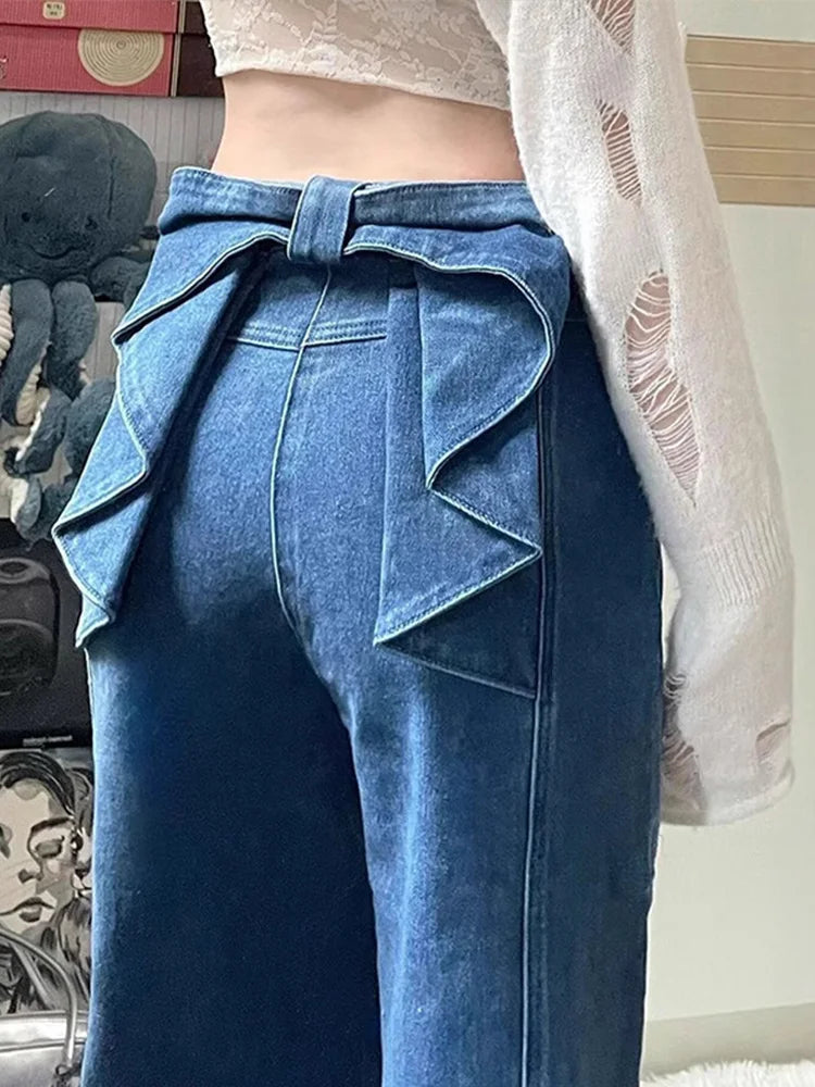Y2K High Waist Flare Denim Jeans With Big Bow Ruffles Sweetheart Stylish Female Slim Fit Casual Trousers