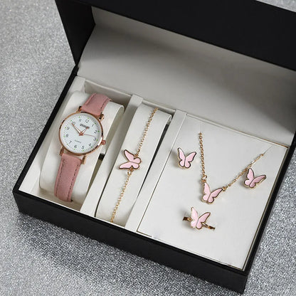 6Pcs Sets Luxury White Leather Analog Ladies Quartz Wrist Watch Butterfly Design Earring Bracelet Necklace