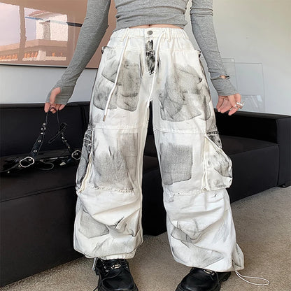 Women's White Cargo Jeans Baggy Vintage High Waist Cowboy Pants Harajuku Aesthetic Tie-Dyed Denim Trousers 90s Y2k Clothes 2024